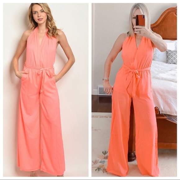 Hot & Delicious Pants - HOT & DELICIOUS coral romper halter neck bare back
